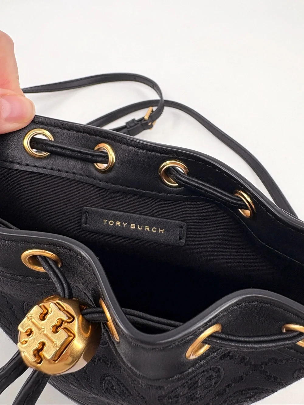 TORY BURCH T Monogram Jacquard Mini Bucket Bag Black Crossbody